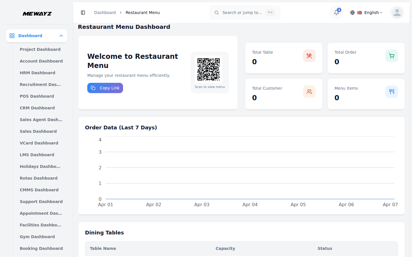 Mewayz restaurant management dashboard — tables, orders, and POS